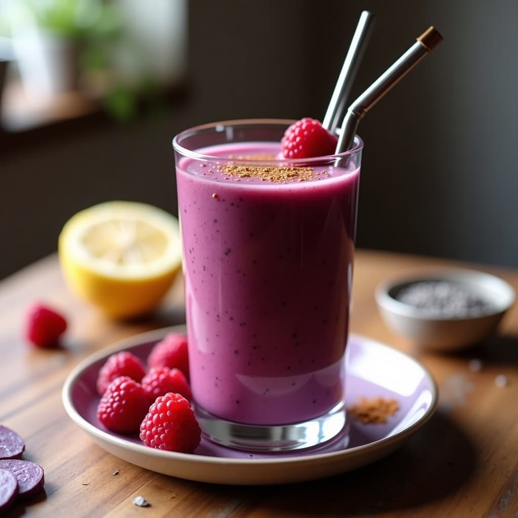 Vaso alto transparente con batido morado intenso de yuca morada y frambuesas, coronado con semillas de chía y canela en polvo, acompañado de frambuesas frescas y una pajita de metal sobre fondo rústico de madera con ingredientes dispersos como yuca morada cocida y leche de almendras.