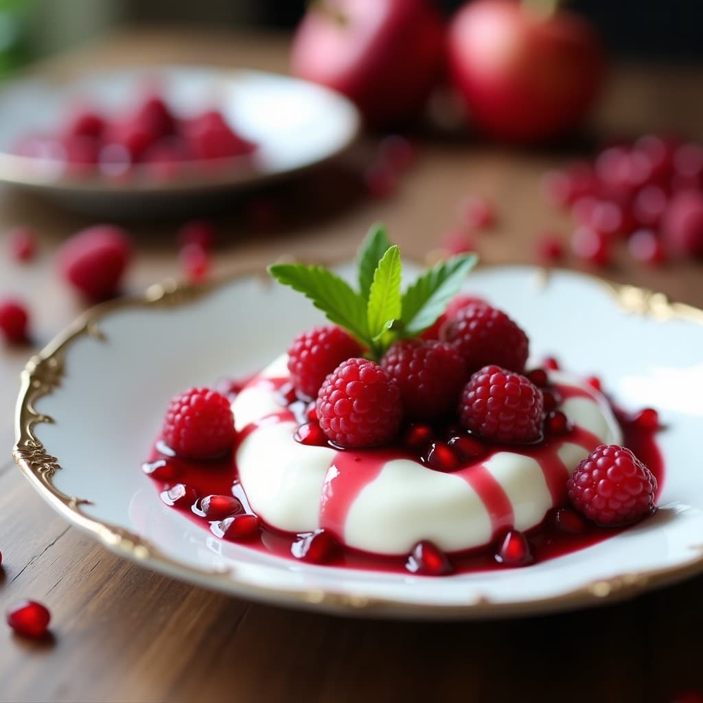 Batman de yogur griego cremoso en un bol blanco, cubierto con frambuesas frescas, semillas de granado rojas brillantes, almendras fileteadas tostadas y hojas de menta, con un hilo de miel de agave. Desayuno proteico y antioxidante listo para servir.