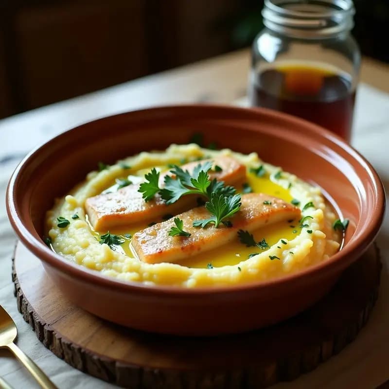 Plato hondo de barro con batotata de merluza tradicional vasca: filetes de merluza dorados bañados en una salsa verde espesa de ajo y perejil, acompañados de rodajas de patata cocida. Decorado con perejil fresco y un chorrito de aceite de oliva virgen extra.