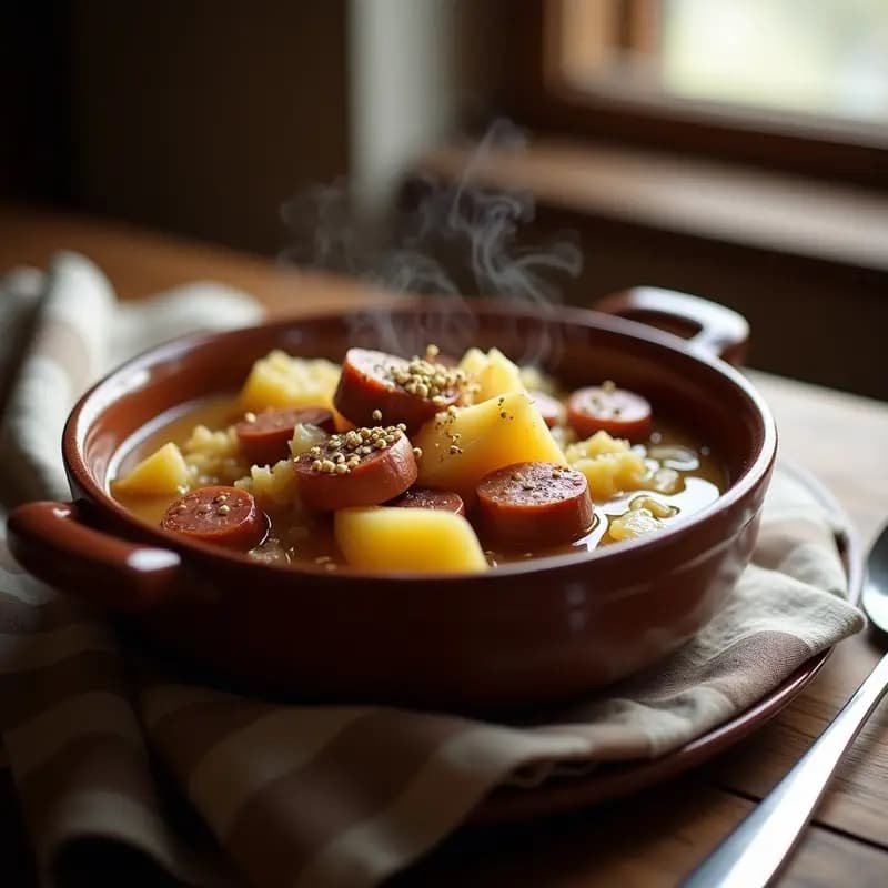 Plato hondo de barro con Bauerntopf Alemán: salchichas de Frankfurt doradas, chucrut fermentado, gajos de manzana caramelizados y patatas en un caldo espeso y aromático. Decorado con semillas de comino y un chorrito de miel, servido sobre una mesa rústica de madera con un paño a cuadros.