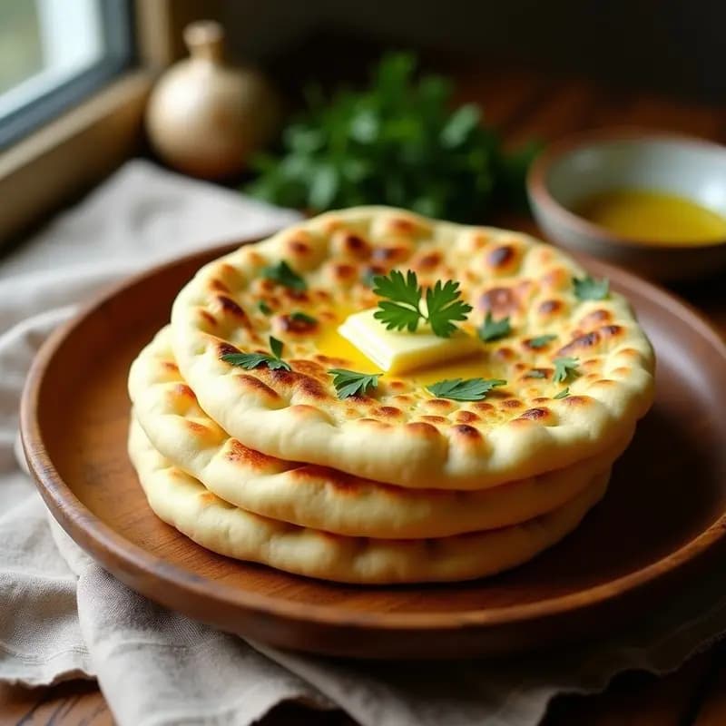 Pila de panes bazlama turcos dorados y esponjosos, pintados con mantequilla derretida, ajo picado y perejil fresco, servidos en un plato de madera rústico.