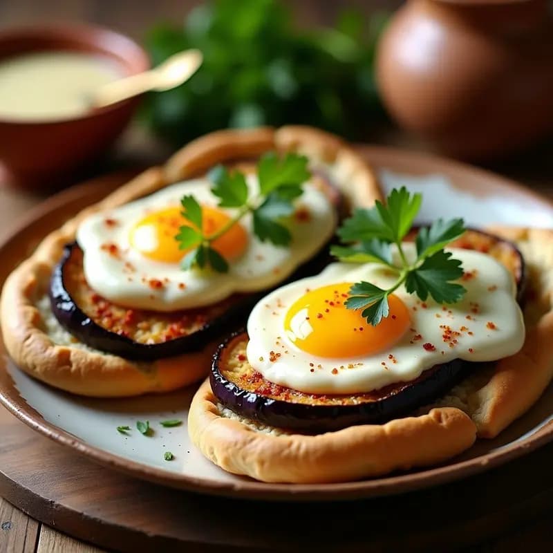 Plato de desayuno libanés con berenjena asada rellena de tortilla de huevo especiada, acompañada de pan pita integral y decorada con semillas de sésamo y hojas de menta fresca.