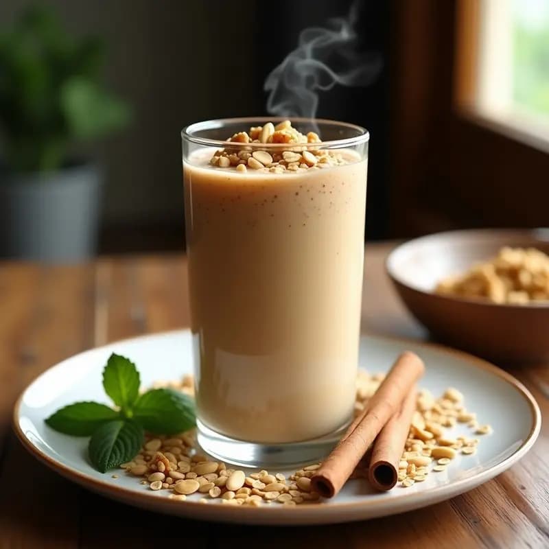 Vaso alto transparente con beba de avena y canela, espumosa y de color beige claro, decorada con almendras fileteadas, nueces picadas y semillas de girasol. Fondo rústico con canela en rama y hoja de plátano, iluminación cálida que resalta la textura cremosa y los toppings crujientes.