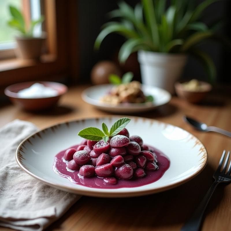Vaso alto transparente con bebida morada espumosa de açaí y guaraná, coronada con leche de coco cremosa, espolvoreada con canela y coco rallado, sobre fondo de madera rústica con ingredientes dispersos: plátano, semillas de lino y polvo de açaí.