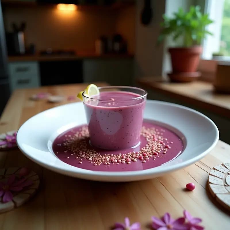 Vaso alto transparente con smoothie morado vibrante de açaí y leche de coco, decorado con capas de granola dorada y coco rallado blanco. Toque final con pimienta rosa espolvoreada y rodajas de plátano. Fondo claro con luz natural, estilo TikTok.