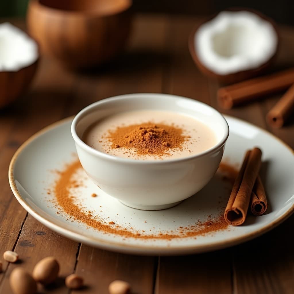 Vaso de cristal alto con bebida espumosa de color marrón oscuro, coronada con un espolvoreado de canela. Fondo con ingredientes: cacao en polvo, aceitera de coco y una rama de canela. Ambiente de cocina saludable y deportiva.