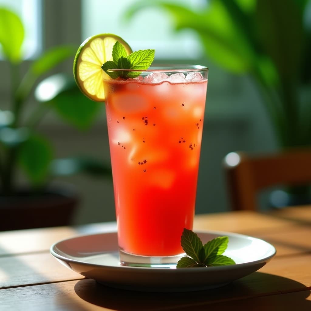 Vaso alto transparente con bebida de acerola y guaraná con toque de lima, de color rosado intenso, decorado con hojas de menta y rodajas de lima, sobre una mesa de madera rústica con fondo borroso de hojas tropicales.