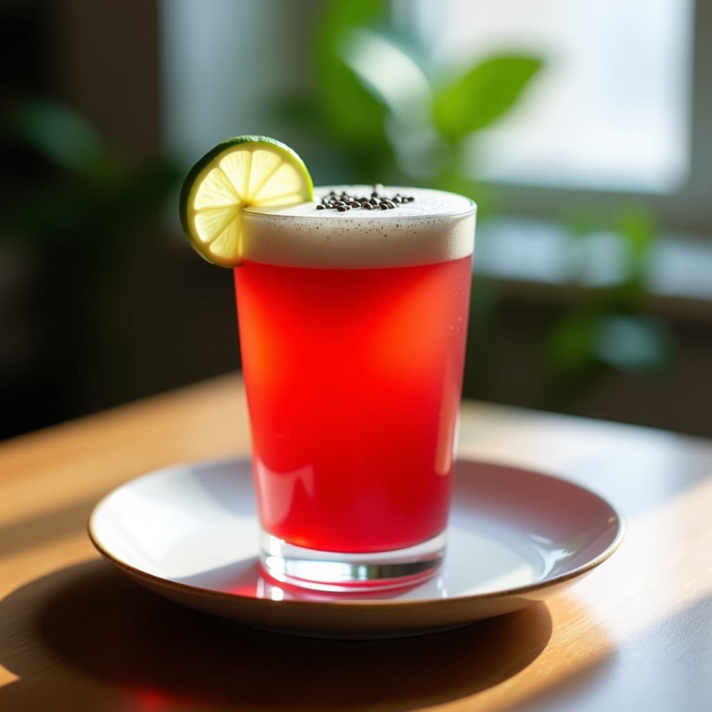 Vaso alto transparente con bebida de acerola y jengibre en tono rojo intenso, coronada por una espuma de chía blanca y esponjosa. Rodaja de limón verde y semillas de chía como decoración. Fondo claro con texturas naturales de madera.