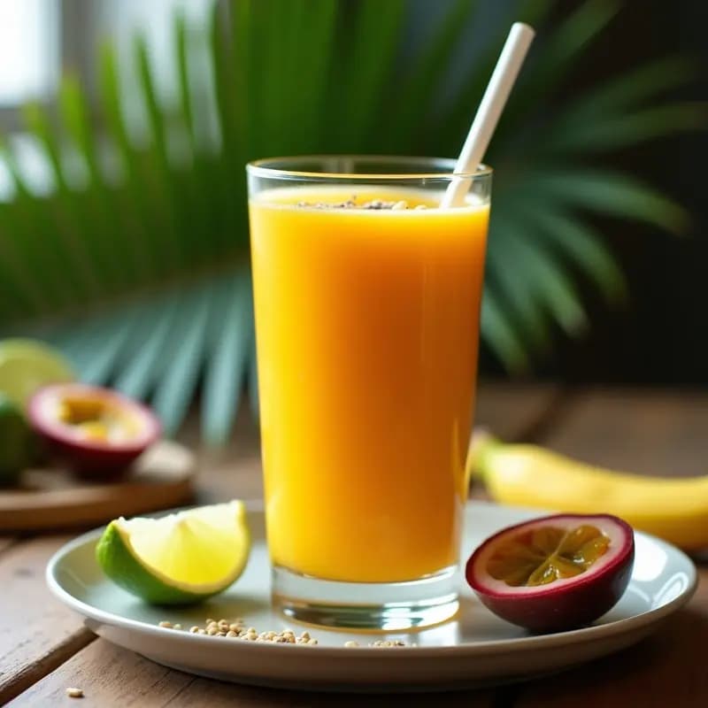 Vaso alto transparente con batido antioxidante de acerola y maracuyá, semillas de chía flotando en la superficie, fondo de hoja de palmera y rodajas de limón.