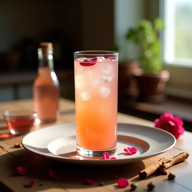 Vaso alto de cristal con bebida de agua de rosas y dátiles, decorado con pétalos de rosa comestibles y hielo, sobre una mesa de madera con especias al fondo.