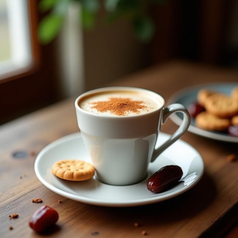 Taza alta de cerámica blanca con latte cremoso de color beige claro, espolvoreado con polvo de galleta de maicena y canela, sobre una mesa de madera rústica con galletas de maicena y dátiles al fondo. Receta de bebida de alfajor y dátil con especias, vegana y sin cafeína.