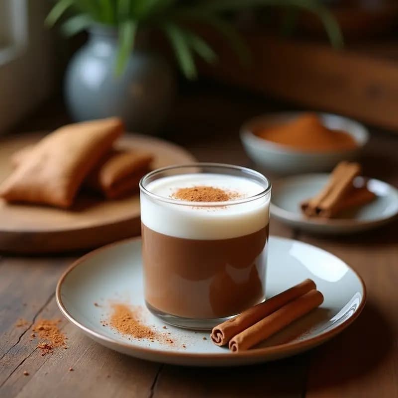 Taza de cerámica blanca humeante con golden latte sudanés de algarroba y canela, espolvoreado con canela en polvo y rodeado de ramas de canela, semillas de cardamomo y una cucharita de algarroba en polvo sobre fondo de madera oscura.