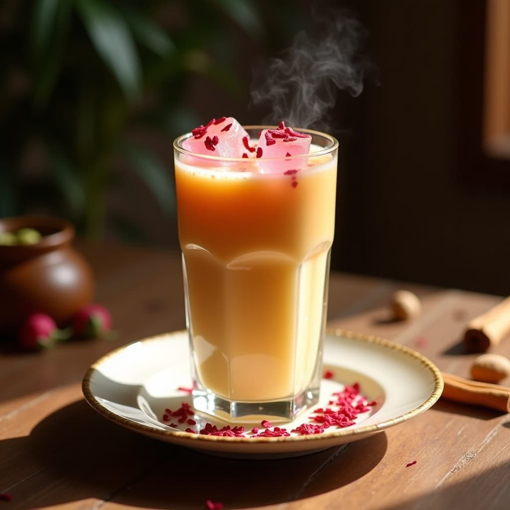 Vaso alto transparente con latte vegano de almendras y azafrán, coronado con cubitos de hielo de rosa y pétalos secos. Fondo desenfocado con especias como cardamomo y canela en rama sobre una mesa de madera rústica.