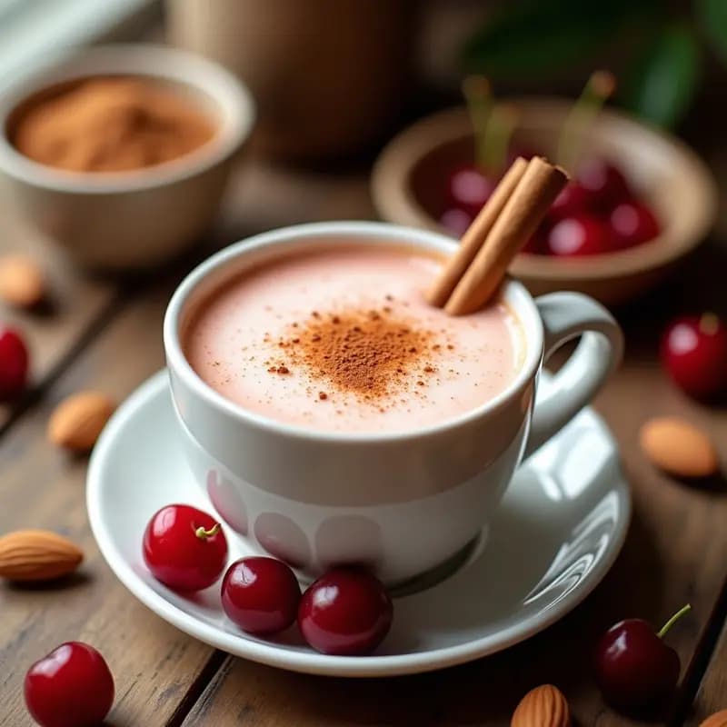 Taza blanca con latte vegano de almendras y cereza ácida, espumoso, decorado con canela en polvo y una ramita de canela. Fondo de madera rústica con cerezas ácidas y almendras esparcidas.