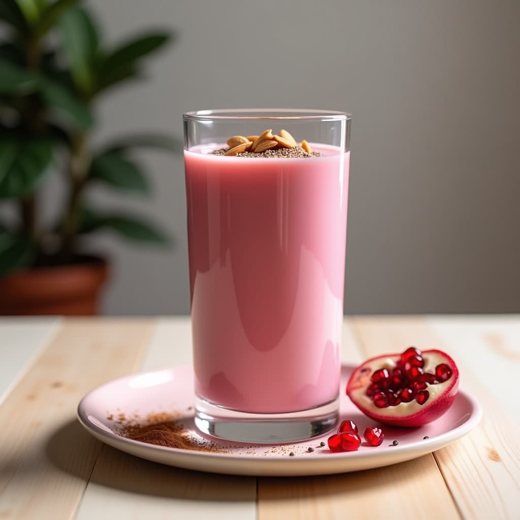 Vaso alto transparente con bebida de almendras y zumo de granada, de color rosa intenso y textura cremosa, decorado con semillas de chía, almendras fileteadas tostadas y una pizca de canela en polvo. Fondo minimalista con tonos claros y granos de granada esparcidos.