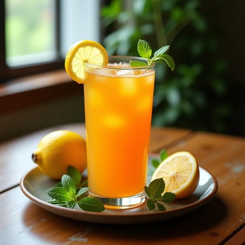 Vaso alto transparente con bebida de Así de Palmira y jengibre con limón, de color naranja intenso, decorado con rodaja de limón y trozo de jengibre, sobre fondo de madera rústica con hojas de menta y hielo.