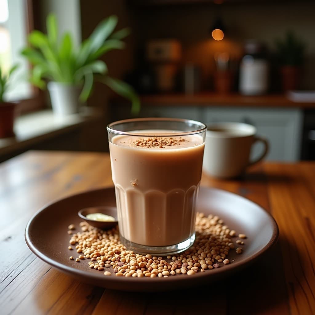 Taza de cerámica marroquí con bordes dorados llenando una bebida espumosa de avena y cacao, espolvoreada con cacao en polvo y decorada con una rodaja de jengibre fresco. Al fondo, especias como canela en rama, clavo y ras el hanout sobre un paño de lino beige. Luz cálida y ambiente acogedor.