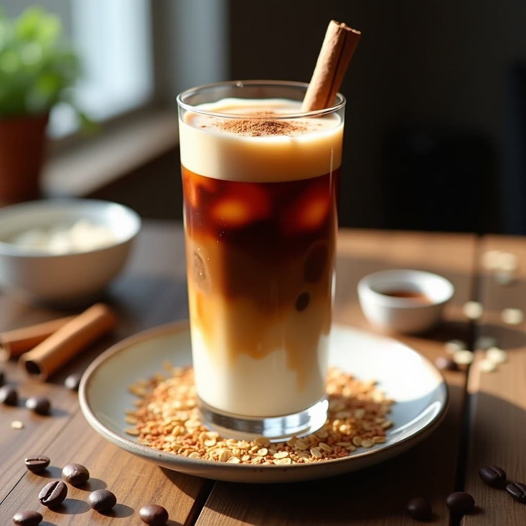 Vaso alto transparente con bebida de avena y canela con café frío, servida sobre hielo. Capas visibles de café oscuro, crema de avena y espuma de leche de coco. Decorada con una rama de canela y un toque de canela en polvo por encima. Fondo desenfocado con ingredientes como copos de avena, granos de café y ramitas de canela.
