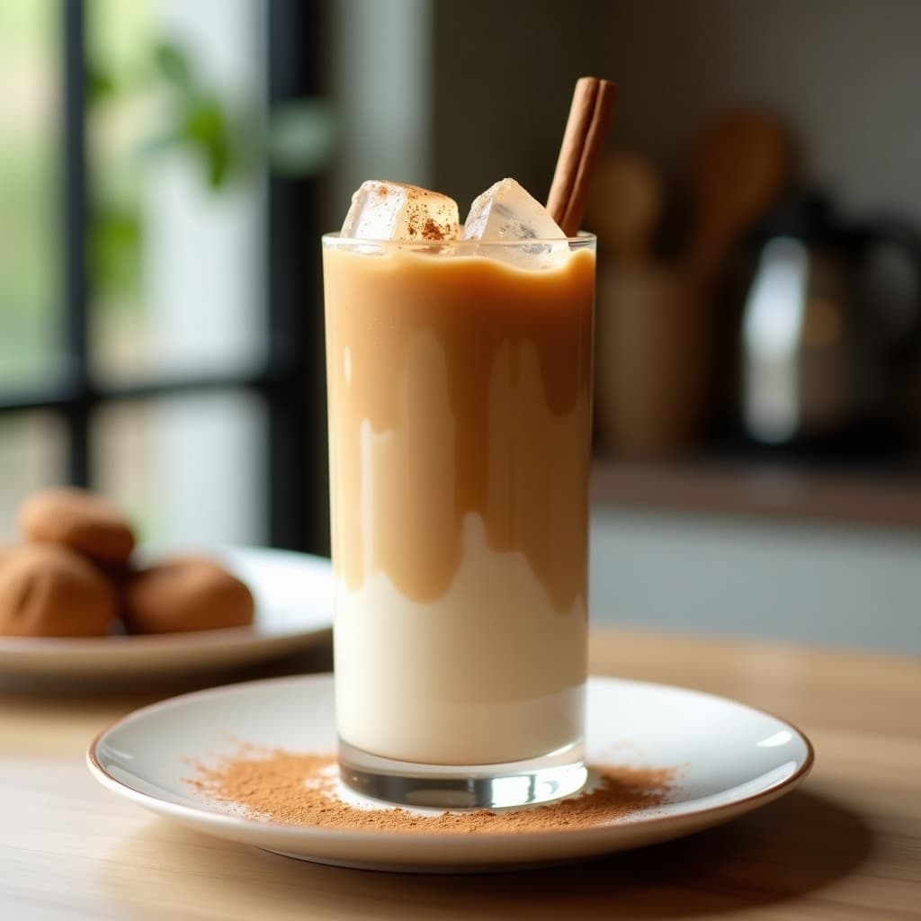 Vaso alto transparente con bebida de avena y canela con café frío, cubitos de hielo de vainilla flotando, espolvoreada con canela en polvo y una ramita de canela al lado, fondo borroso de cocina moderna.