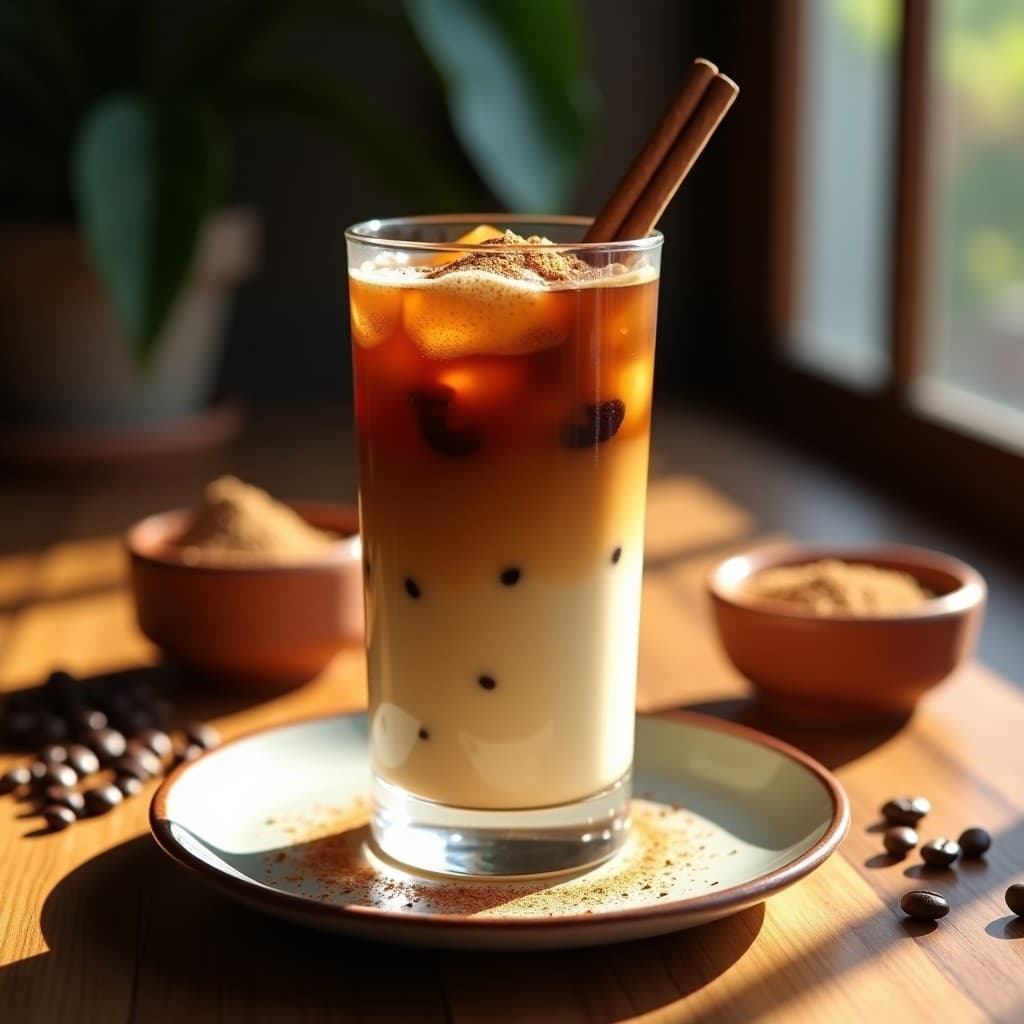 Vaso alto transparente con bebida cremosa de avena y canela, coronada con cubos de hielo de café oscuro. Polvo de canela espolvoreado en la superficie y fondo borroso con granos de café y una rama de canela.