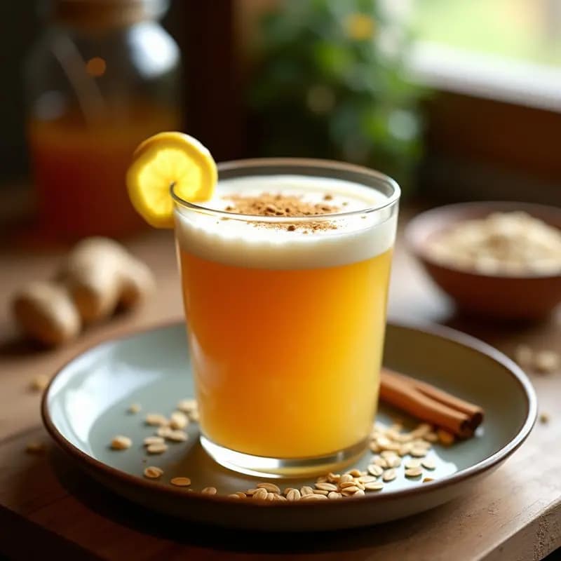 Vaso de cristal transparente con tónico ayurvédico de avena y cardamomo, espuma cremosa en la superficie, decorado con semillas de cardamomo y una rodaja de jengibre fresco. Fondo con especias y copos de avena germinada.