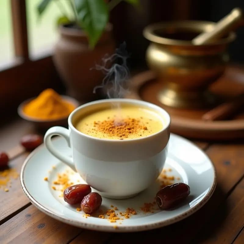 Taza de cerámica blanca con bebida de avena y cardamomo con dátiles, espuma cremosa y polvo de cardamomo espolvoreado, sobre fondo de madera rústica con semillas de cardamomo y dátiles al lado.