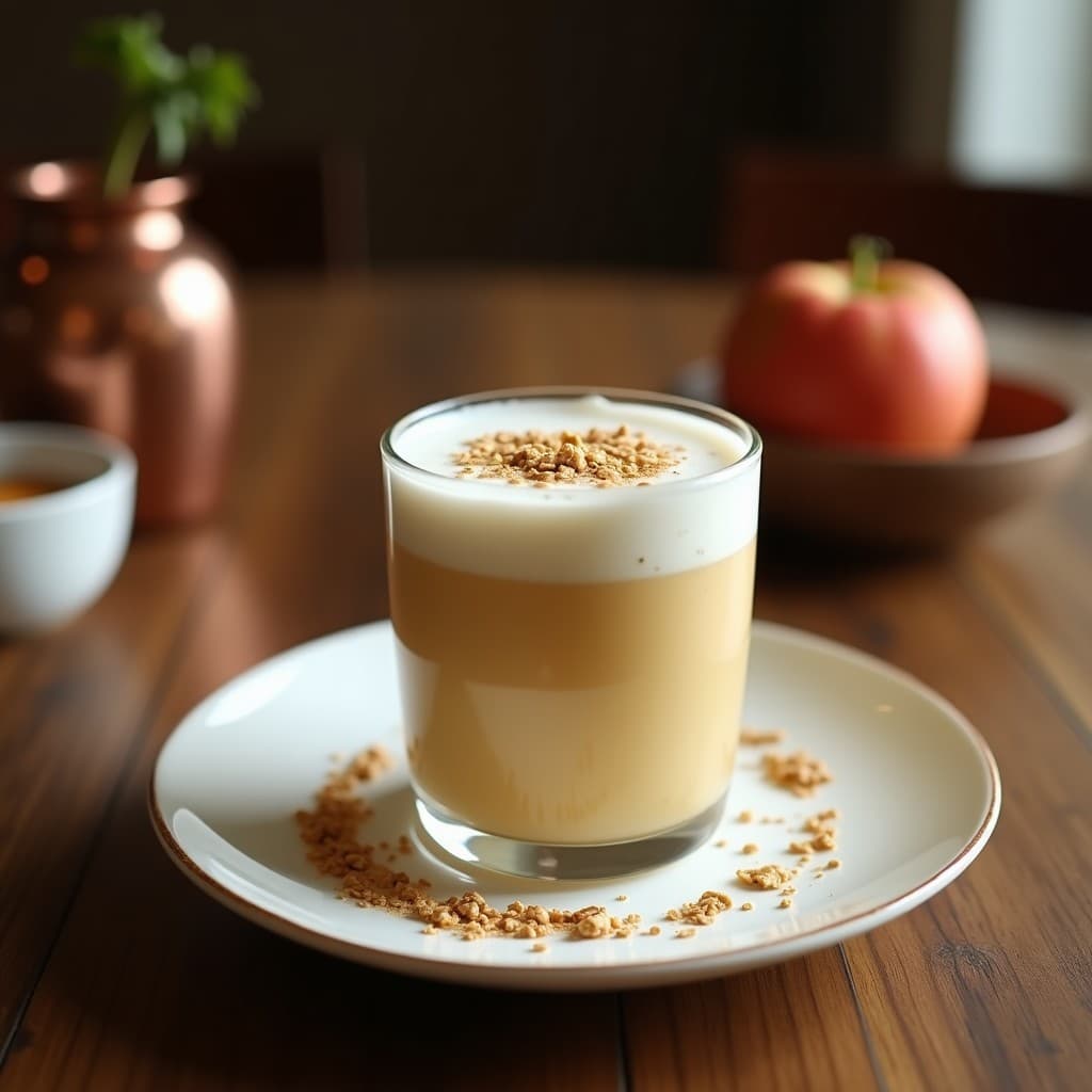 Taza de cerámica blanca con bebida de avena y cardamomo de color crema, coronada por una espuma de coco esponjosa y dorada. Al fondo, semillas de cardamomo y una rama de canela sobre una mesa de madera rústica. Receta de café latte ayurvédico vegano.