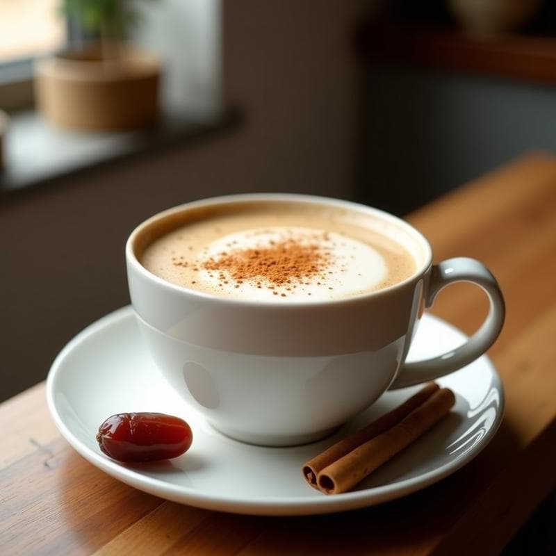 Taza de cerámica blanca con latte vegano keto de avena y dátiles, espolvoreada con canela y nuez moscada, sobre una mesa de madera rústica con dátiles y una ramita de canela al fondo.