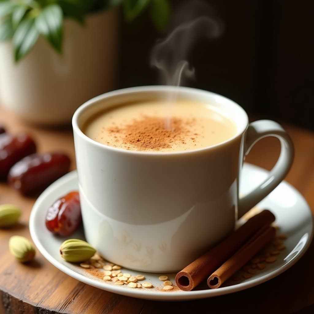 Taza de cerámica blanca con bebida de avena y dátiles con especias de cardamomo, espolvoreada con canela en polvo, sobre una mesa de madera rústica con dátiles y semillas de cardamomo esparcidos alrededor. Golden milk sin cafeína cremoso y reconfortante.