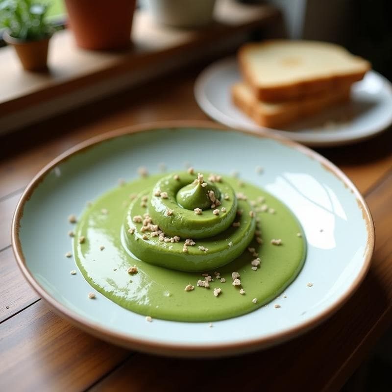 Vaso de cristal transparente con bebida de avena y espirulina de color verde suave, coronado con una pizca de vainilla en polvo sobre fondo de madera clara, con ingredientes dispersos: avena, espirulina en polvo y una vaina de vainilla abierta.
