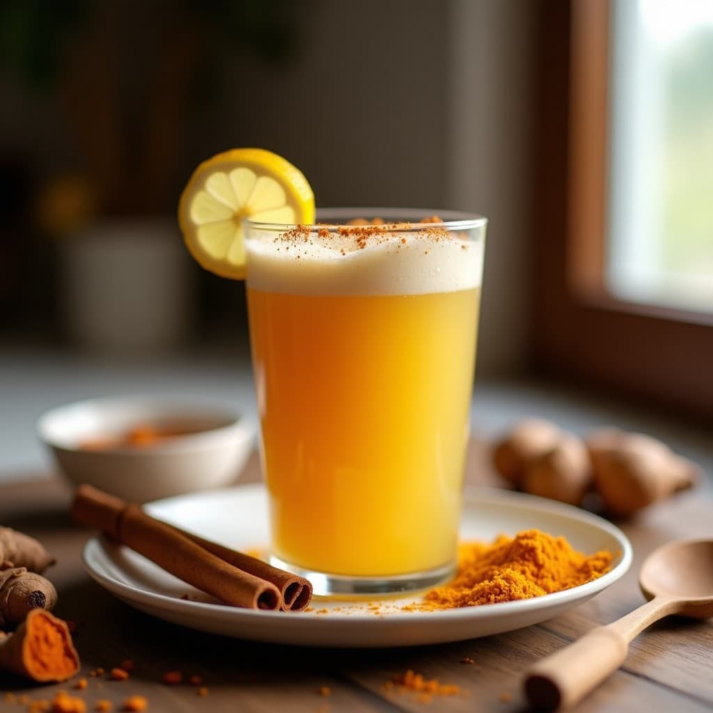 Vaso de cristal alto con bebida de avena fermentada dorada, espolvoreada con canela y cúrcuma en polvo, acompañado de una rama de canela y rodajas de limón sobre una mesa de madera rústica. Tónic ayurvédico sin lactosa con textura cremosa y color vibrante.