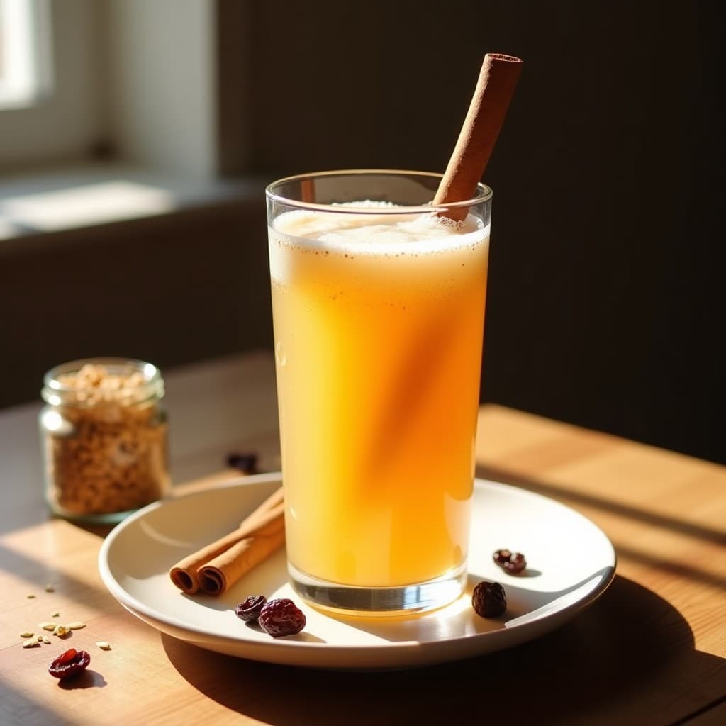 Vaso alto de cristal con bebida de avena fermentada dorada, decorado con una rama de canela y pasas en el borde. Fondo desenfocado con ingredientes como copos de avena y granos de kéfir.