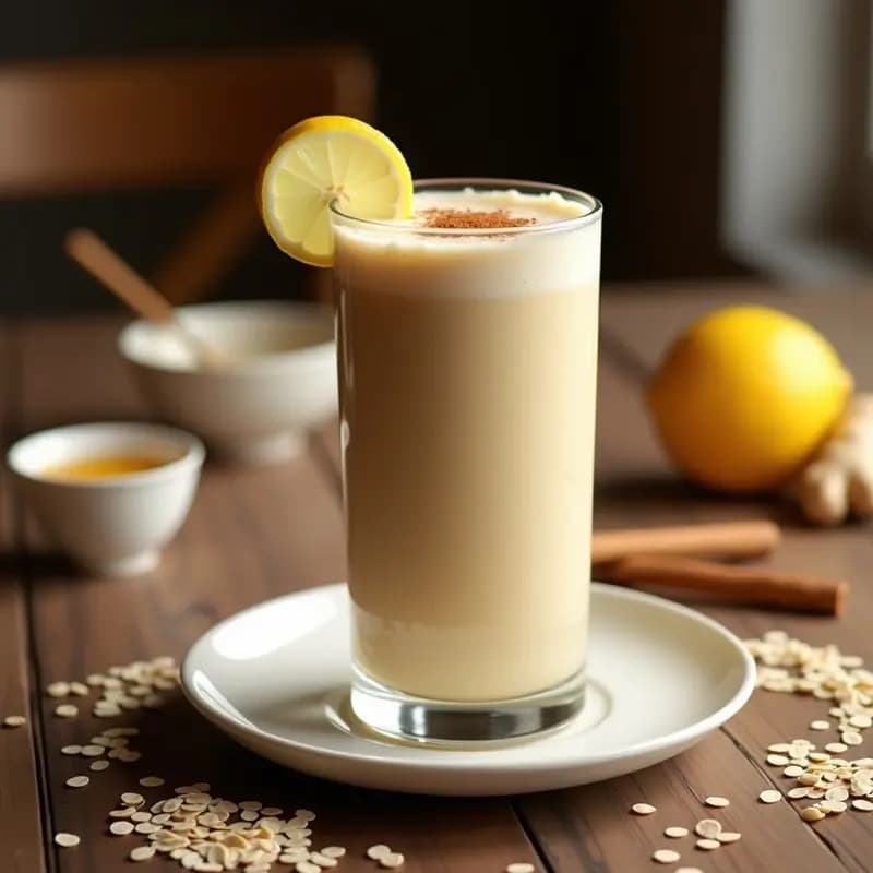Vaso alto transparente con latte probiótico de avena fermentada y kombucha, espuma cremosa en la superficie, decorado con canela en polvo y una rodaja de limón al lado. Fondo rústico con ingredientes como copos de avena y jengibre fresco.