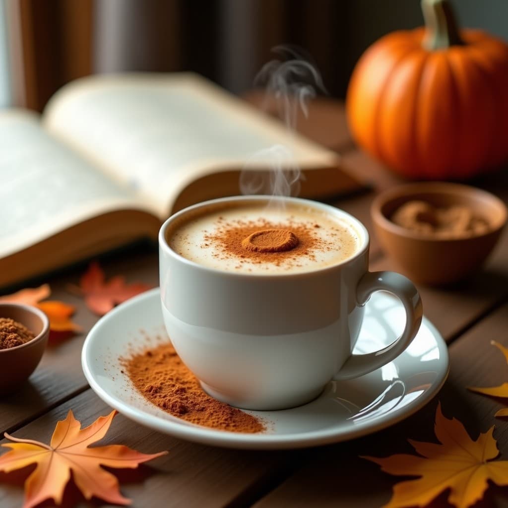 Taza de cerámica blanca con bebida de avena espumosa de color crema, decorada con una pizca de canela y puré de calabaza tostado, sobre una mesa de madera rústica con hojas de otoño y un libro abierto. Receta de bebida otoñal energizante con pumpkin spice y espresso.