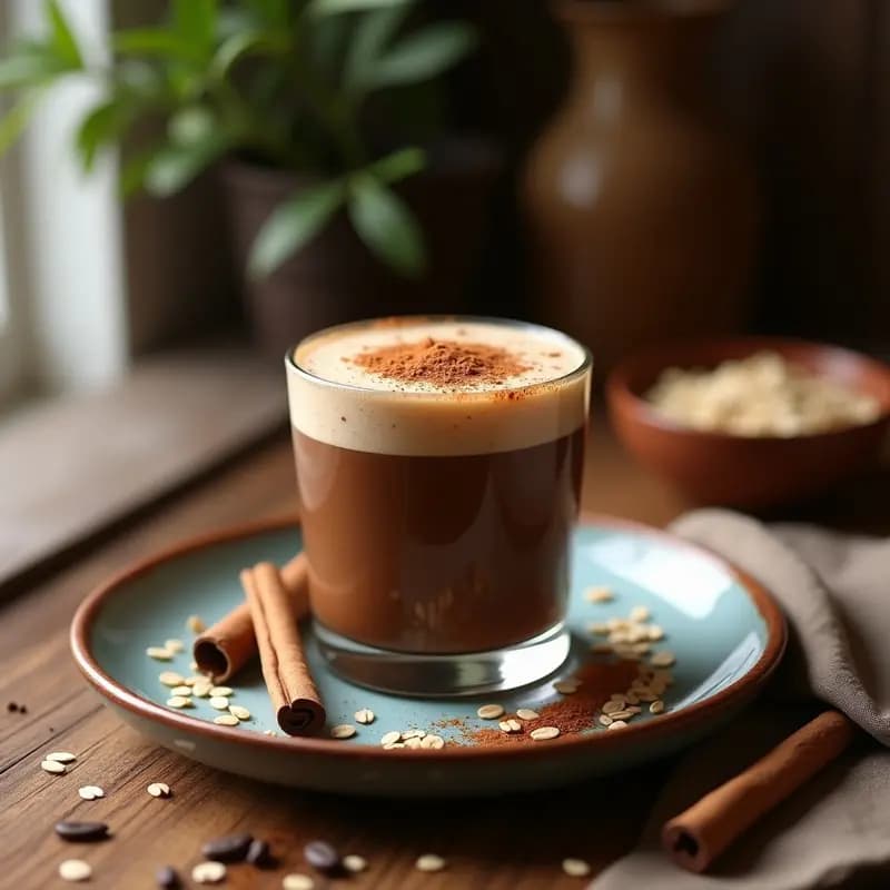 Vaso pequeño de cristal tipo shot con bebida espumosa de cacao y avena, color marrón oscuro, espolvoreada con canela en polvo. Fondo rústico con semillas de chía y una rama de canela al lado.