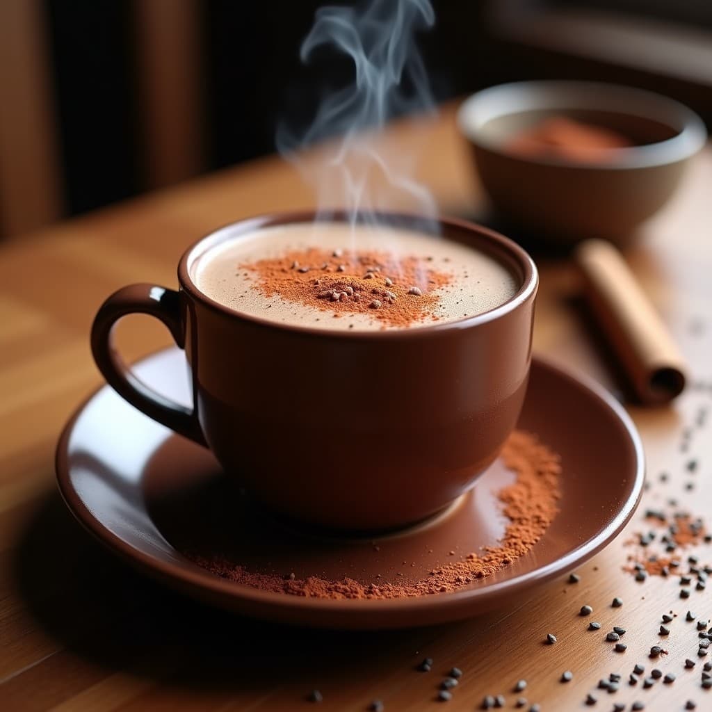 Taza de cerámica rústica con bebida de cacao puro espumosa, decorada con una pizca de canela y pimienta de cayena en polvo, sobre una mesa de madera con semillas de chía y una rama de canela al lado.