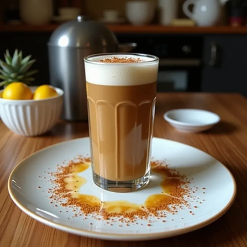 Taza blanca de cerámica con bebida de cacao puro y cardamomo, golden latte energético sin cafeína, espolvoreada con canela y cacao, sobre mesa de madera con especias al fondo.