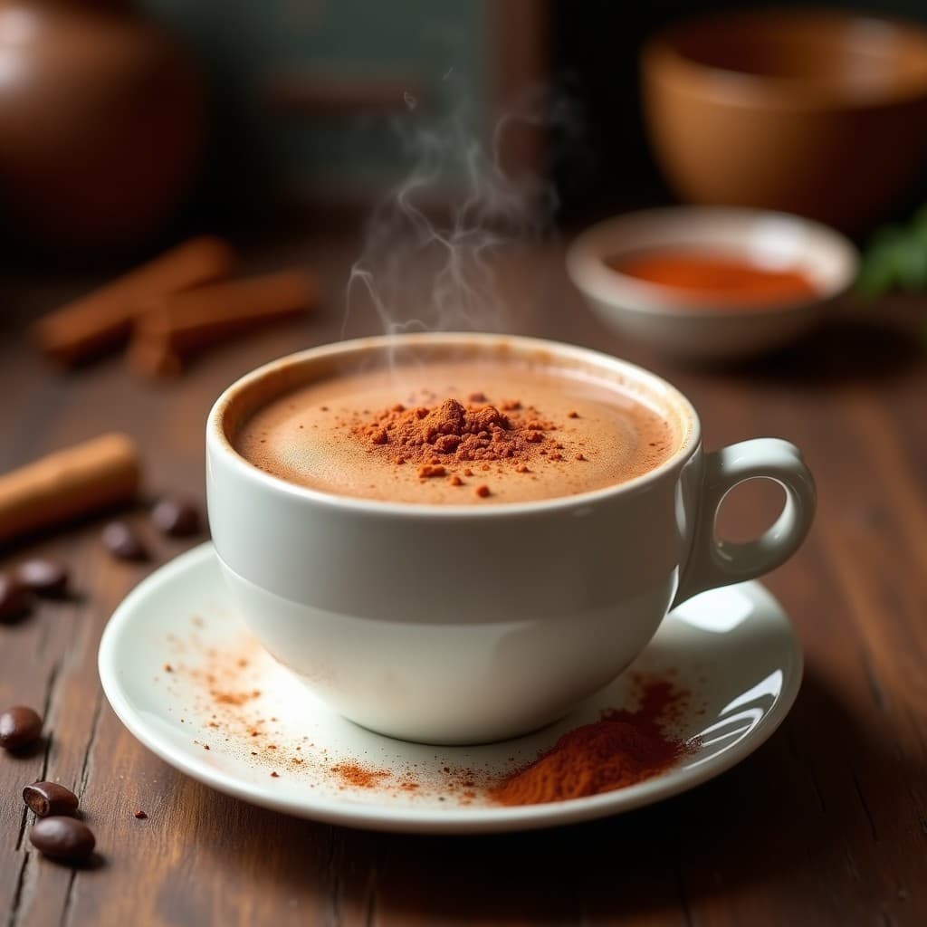 Taza de cerámica blanca con latte mexicano de cacao, chile y canela, espolvoreado con canela en polvo y un toque de chile. Fondo rústico con granos de cacao y una ramita de canela al lado.
