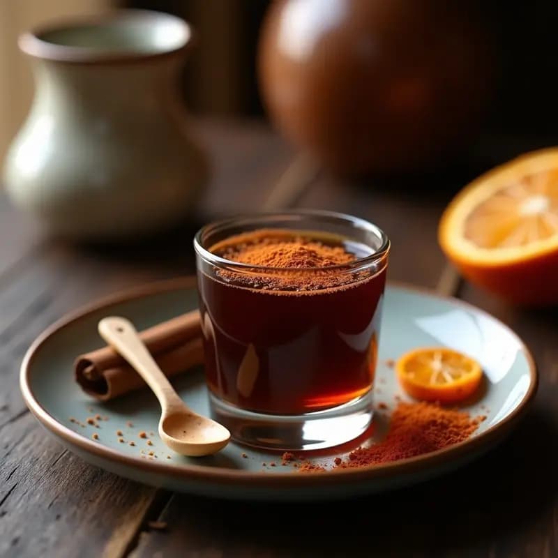 Shot energético maya en vaso de cristal pequeño con cacao crudo y chile de cayena, espolvoreado con especias y decorado con una rodaja de naranja deshidratada sobre fondo oscuro.