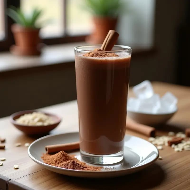 Vaso alto transparente con bebida de cacao crudo y canela, espolvoreada con canela en polvo, sobre fondo rústico de madera con ingredientes al lado: cacao en polvo, rama de canela y copos de avena.