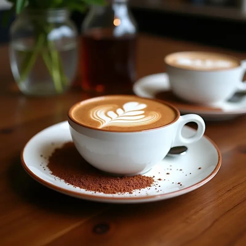 Taza de cerámica blanca con bebida de cacao crudo y guayusa, coronada por una espuma dorada de cúrcuma y espolvoreada con canela. Fondo rústico con hojas de guayusa y cacao en polvo esparcidos.