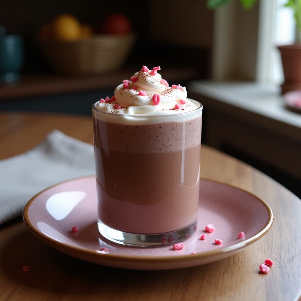 Vaso alto transparente con bebida de cacao crudo y pimienta rosa, coronada por una espuma de coco esponjosa y espolvoreada con canela y pimienta rosa. Fondo claro con detalles tropicales.