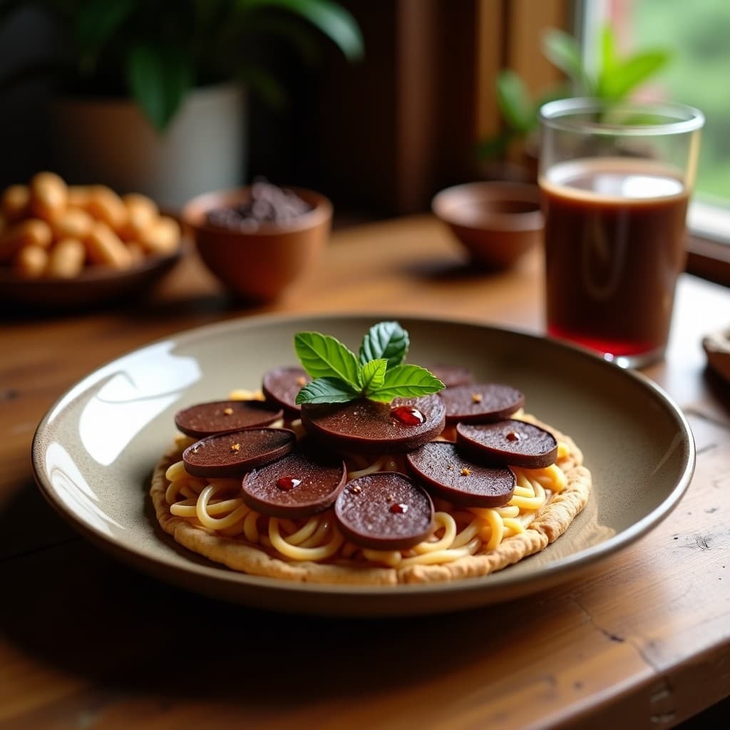 Vaso alto de cristal con bebida cremosa de cacao y maca con leche de almendras, espolvoreada con cacao y canela. Fondo rústico con ingredientes naturales como dátiles, aguacate y semillas de cacao. Bebida energizante andina sin lactosa.