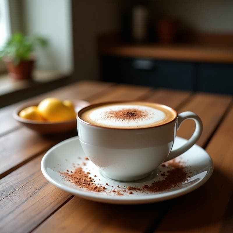Vaso alto con latte energético keto de cacao y MCT con canela, espuma cremosa en la superficie y un toque de canela espolvoreada. Fondo rustico con ingredientes como cacao en polvo y rama de canela.