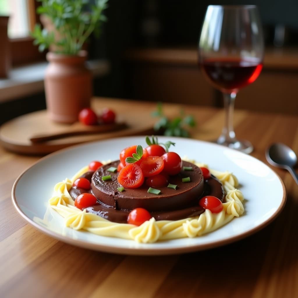 Taza de cerámica blanca con bebida de cacao y pimienta de cayena, espuma cremosa en la superficie, espolvoreada con cacao en polvo y un toque de pimienta de cayena. Fondo con ingredientes: canela en rama, vainilla en frasco y cacao en polvo sobre una superficie de madera rústica.
