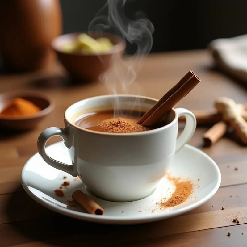 Taza de cerámica blanca con infusión humeante de café de achicoria y canela, decorada con una rama de canela y una pizca de canela molida espolvoreada. Fondo rústico de madera con especias al lado.