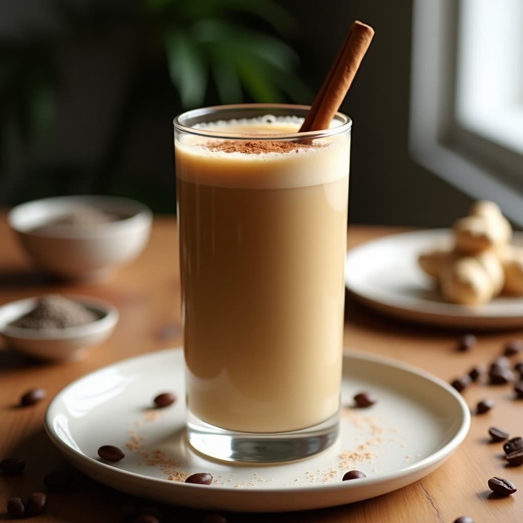 Vaso alto de cristal con bebida de café y avena fermentada con canela, espuma cremosa en la superficie y una rama de canela como decoración, sobre fondo de madera rústica con granos de café esparcidos.