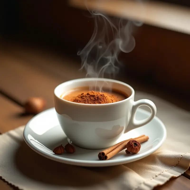 Taza de porcelana blanca con bebida de café con canela y cardamomo turca tradicional, humeante, decorada con un espolvoreado de canela en polvo y semillas de cardamomo al lado, sobre una mesa de madera rústica con un paño de lino beige.