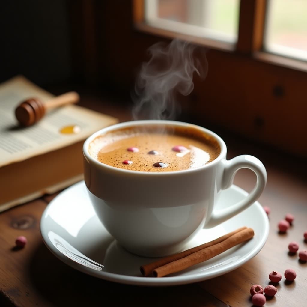 Taza de cerámica blanca con bebida de café humeante, especias de canela en rama y granos de pimienta rosa flotando, servida sobre una mesa de madera con un libro de recetas y una cuchara de miel al lado. Receta energética sin lactosa.