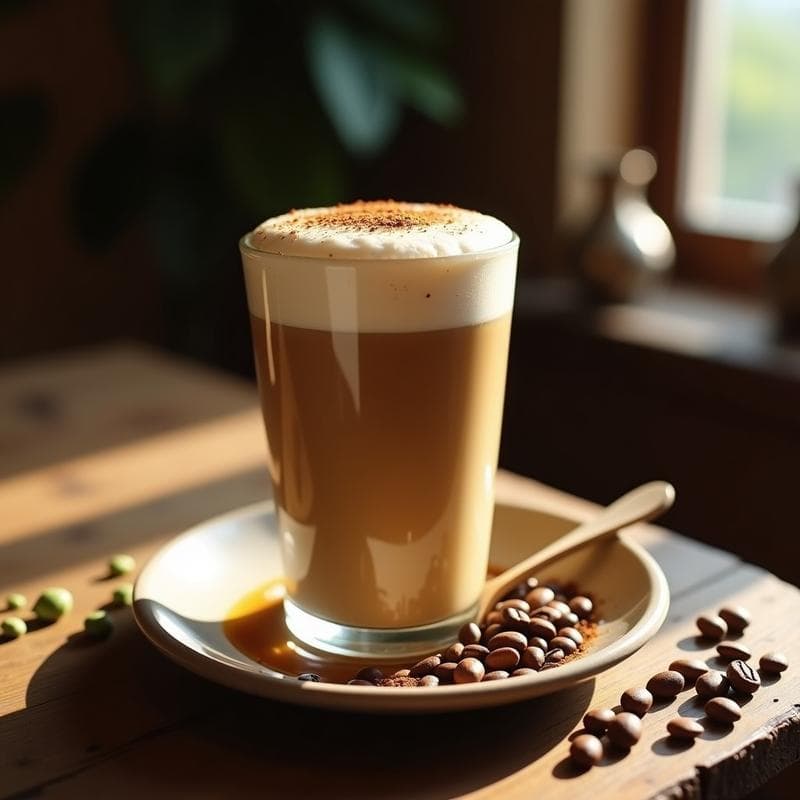 Vaso alto transparente con bebida de café con cardamomo y leche de almendras espumosa, decorada con una pizca de cardamomo y canela en polvo, sobre una mesa de madera rústica con granos de café y vainas de cardamomo alrededor.